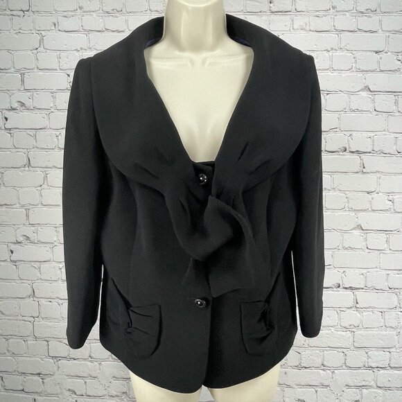 Tahari Black Lined 4 Button Bow Collar Pocketed Ventless Blazer Size 12 - Picture 1 of 12